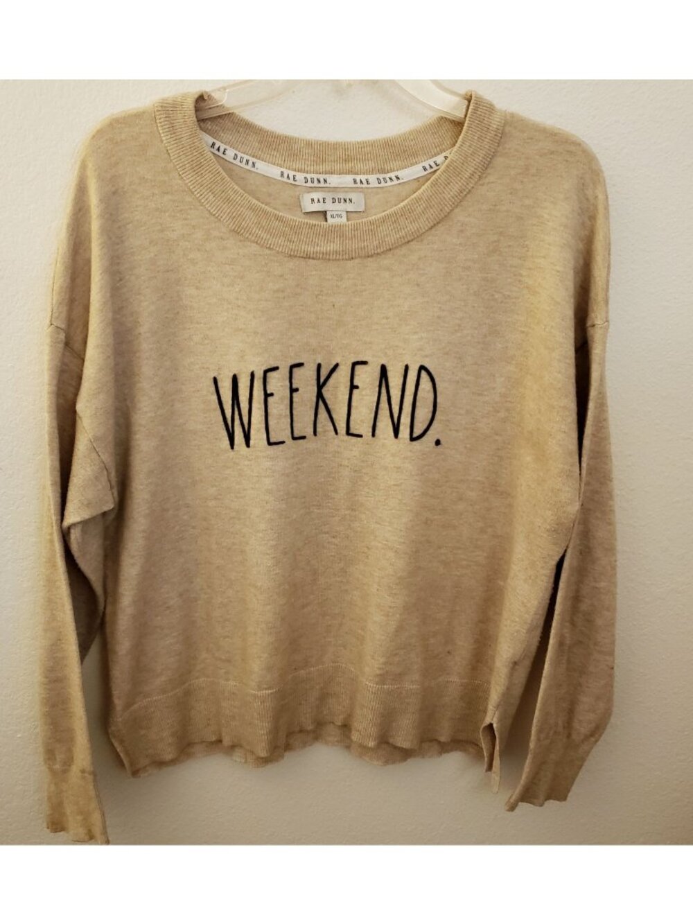 Rae Dunn Tan Relaxed Fit Rayon Blend WEEKEND Dropped Sleeve Sweater Size XL GUC